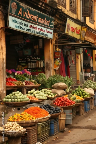 Charming street market with vibrant produce and flowers photo