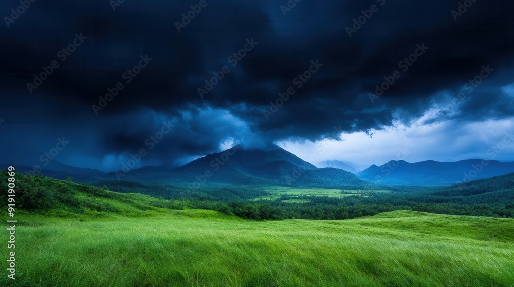 Dramatic landscape featuring dark clouds over lush green fields and mountains, evoking a sense of tranquility and mystery. Dramatic landscape featuring dark clouds over lush green fields and mountains, evoking a sense of tranquility and mystery.