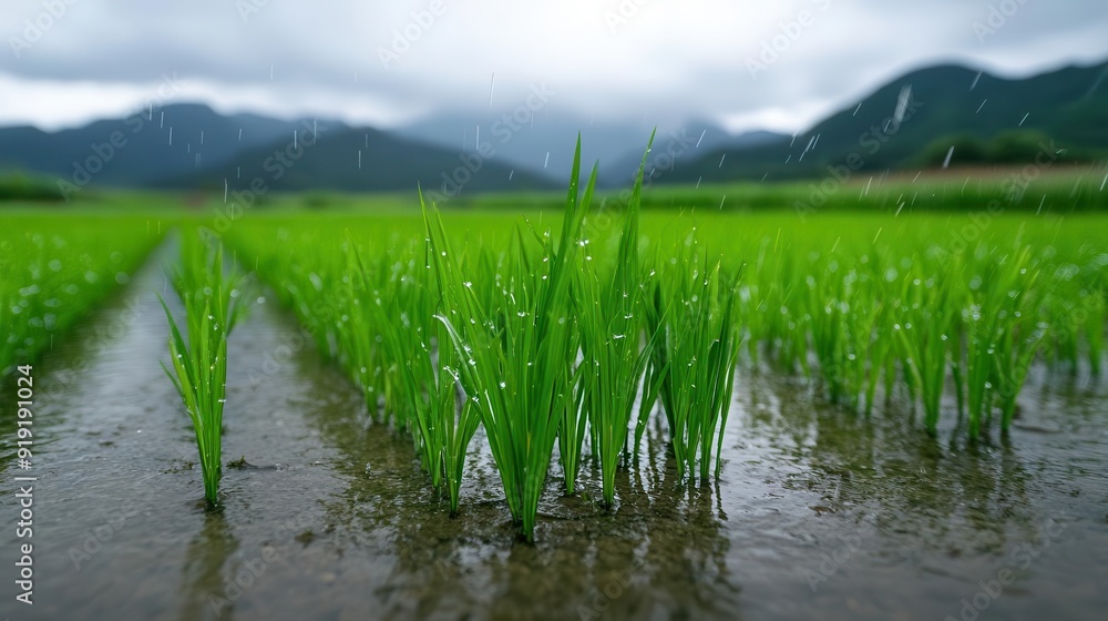 Lush green rice plants emerge from flooded fields under moody skies, capturing the beauty of agricultural landscapes in nature. Lush green rice plants emerge from flooded fields under moody skies, capturing the beauty of agricultural landscapes in nature.
