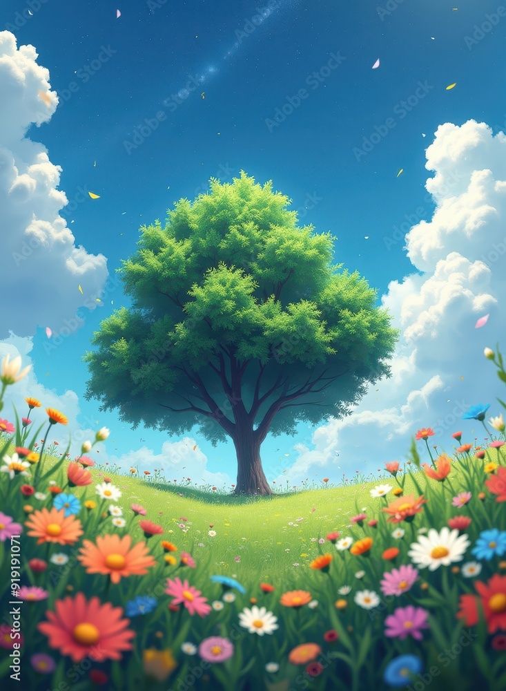 A Lush Green Tree Stands Tall in a Vibrant Floral Meadow Under a Bright Sky A Lush Green Tree Stands Tall in a Vibrant Floral Meadow Under a Bright Sky