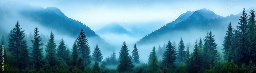 Mist-covered mountains rise behind dense pine trees, creating a serene and tranquil landscape perfect for nature lovers. Mist-covered mountains rise behind dense pine trees, creating a serene and tranquil landscape perfect for nature lovers.