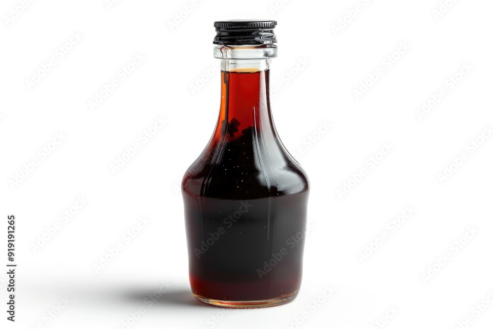 A clear glass bottle filled with golden syrup placed on a clean white surface A clear glass bottle filled with golden syrup placed on a clean white surface