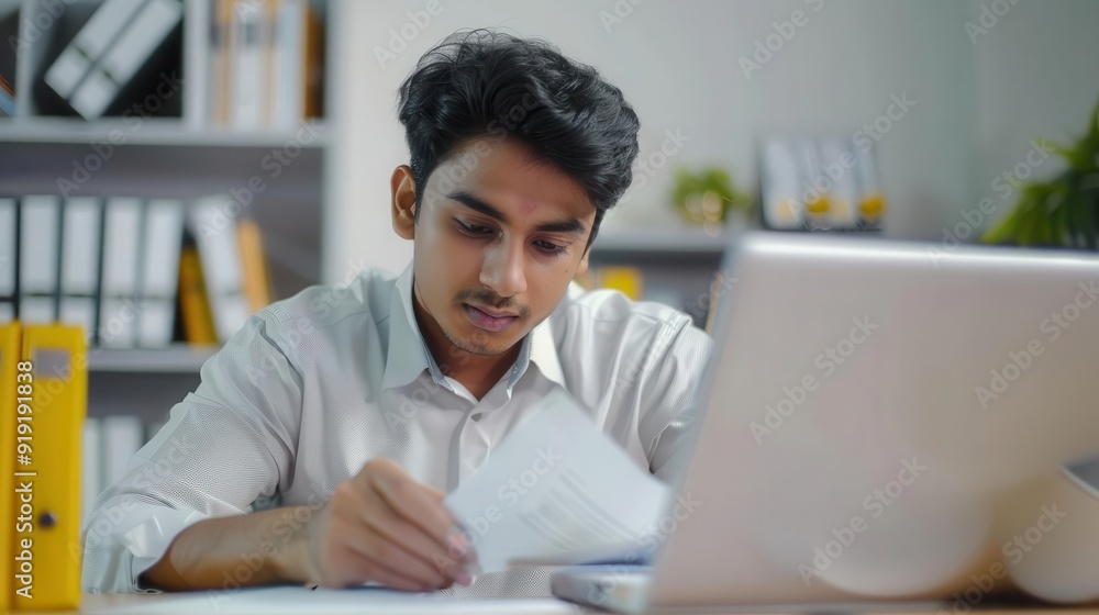 Young man working with labtop at his desk, focused on paperwork. Working with documents, sitting in the office at the table and looking through the papers
Young man working with labtop at his desk, focused on paperwork. Working with documents, sitting in the office at the table and looking through the papers