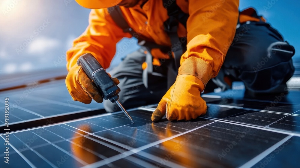 A man in an orange jacket is working on a solar panel A man in an orange jacket is working on a solar panel