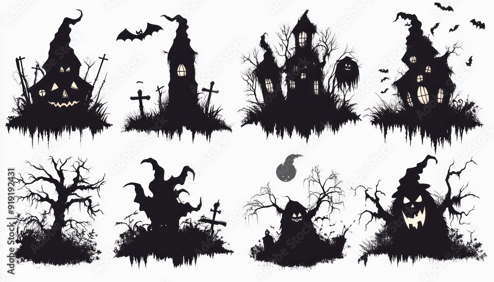 Set of scary halloween silhouettes featuring haunted houses and trees Set of scary halloween silhouettes featuring haunted houses and trees