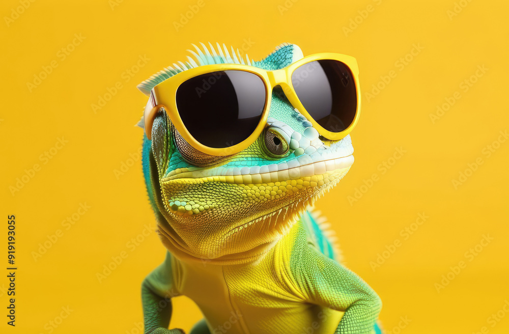 whimsical chameleon in sunglasses on yellow background. cute and humorous reptile illustration whimsical chameleon in sunglasses on yellow background. cute and humorous reptile illustration