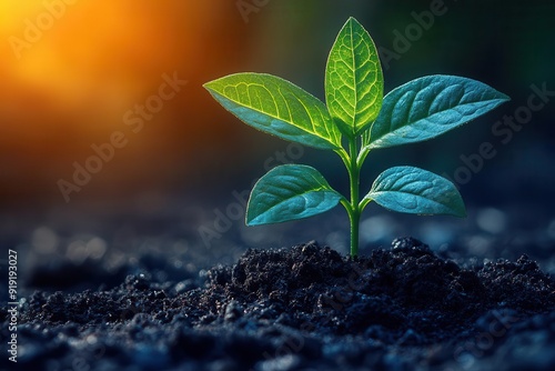 extreme closeup of vibrant green seedling emerging from rich dark soil sunbeam highlighting delicate leaves shallow depth of field