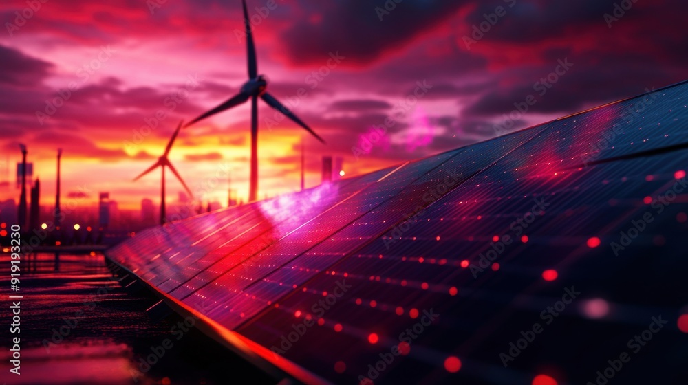 Fototapeta premium A wind turbine is shown in front of a city skyline at sunset