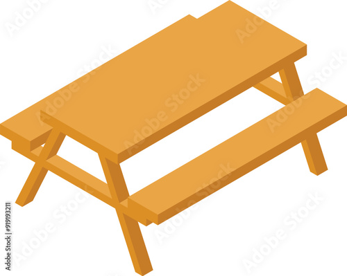 Simple wooden picnic table with attached benches is standing in an outdoor area