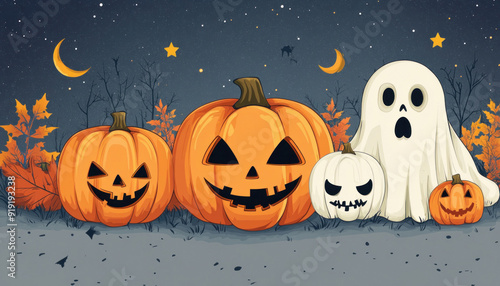 Spooky halloween pumpkins with ghost at night under the stars