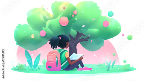 Vector style illustration of a schoolgirl with a pink backpack sitting on the grass reading a book. Back to school concept.