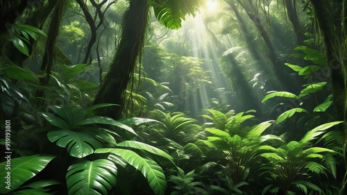 Dense rainforest at midday, sunlight filtering through the canopy, vibrant green foliage, moisture on leaves,