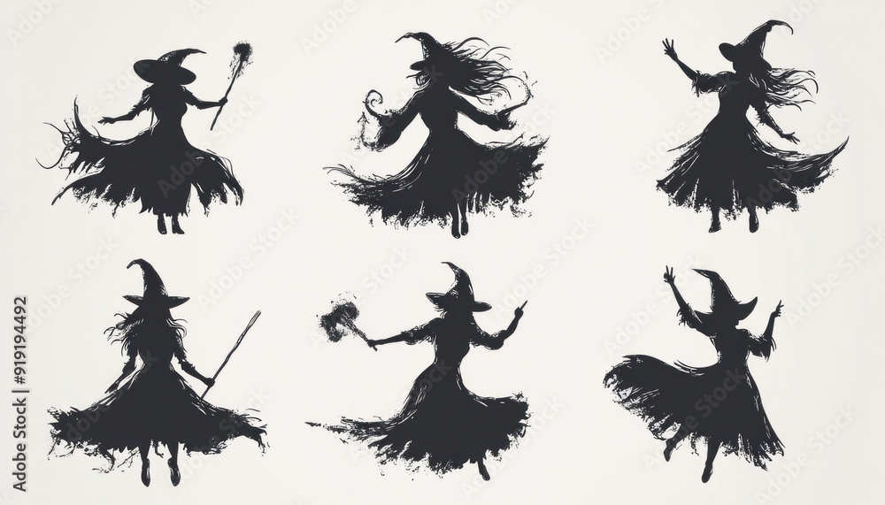 Silhouettes of witches practicing halloween witchcraft Silhouettes of witches practicing halloween witchcraft