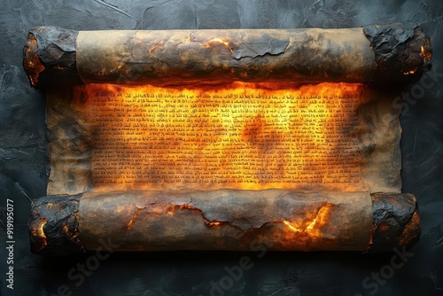 ancient hebrew scroll with intricate calligraphy aged parchment texture mystical prophetic text illuminated by soft golden light photo