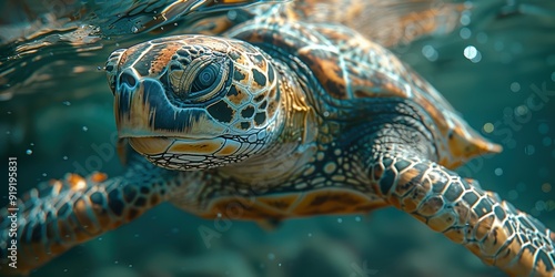 Sea Turtle Underwater Portrait