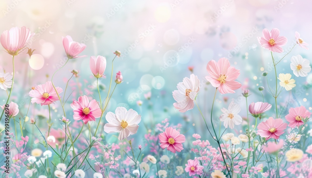 Delicate Pink and White Cosmos Flowers in a Soft Dreamy Field. Delicate Pink and White Cosmos Flowers in a Soft Dreamy Field.