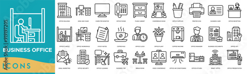 Business office icon. Office Building, Desk and Chair, Computer Monitor, Office Phone and Filing Cabinet