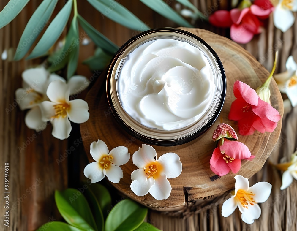 A flat lay of moisturizer with natural ingredients on a wooden countertop, emphasizing skin health A flat lay of moisturizer with natural ingredients on a wooden countertop, emphasizing skin health