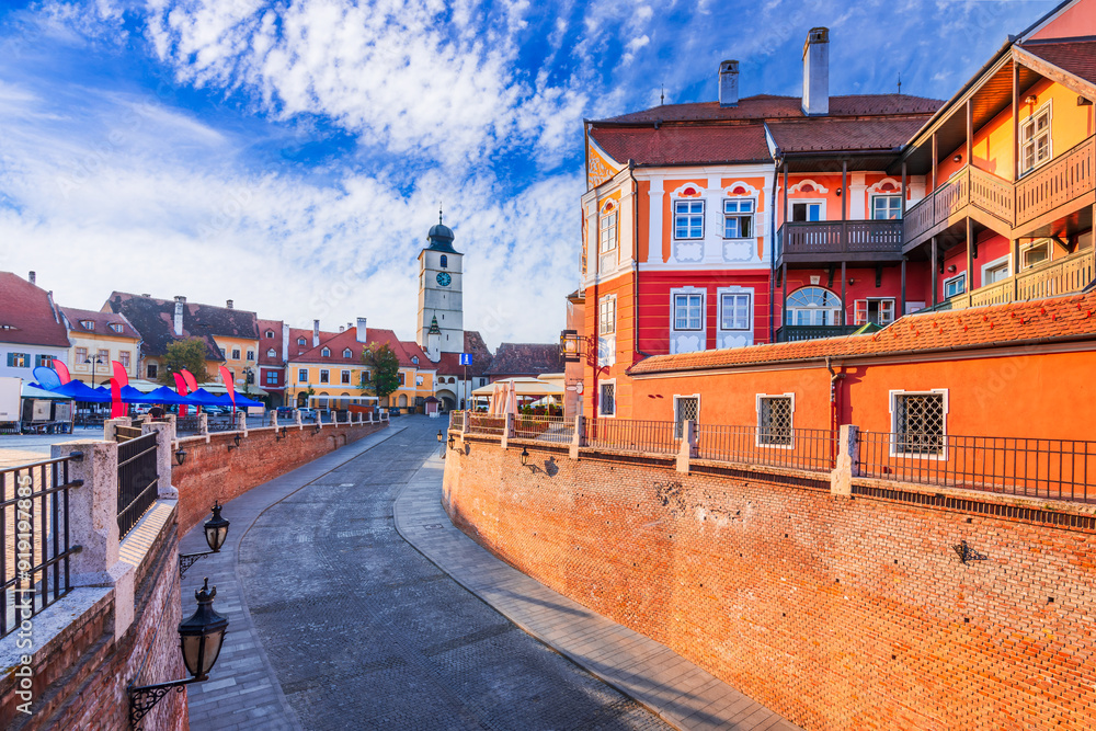 Sibiu, Romania - Historical downtown and Liars Bridge, Transylvania.