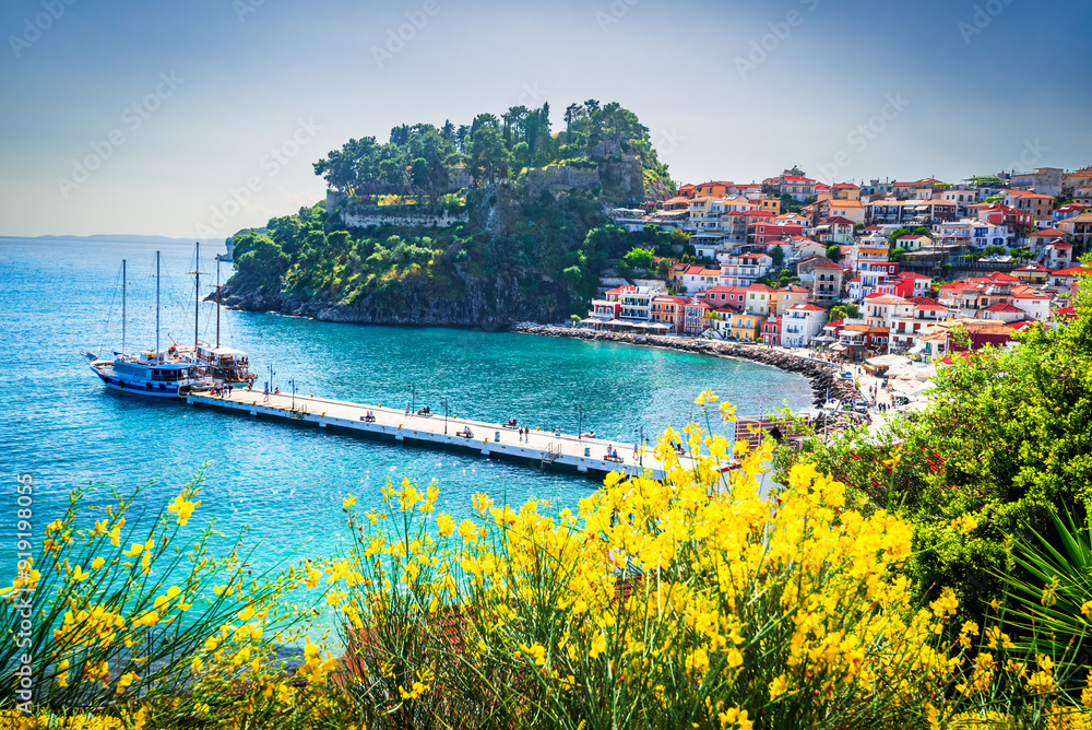 Parga, Greece. Charming colorful coastal town at Ionian Sea, Greek holidays.
