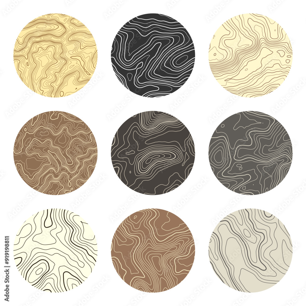 Obraz premium Colorful topographic map with contour lines. Geographic terrain grid, relief height elevation. Ground path pattern. Travel and navigation, cartography design element. Vector illustration