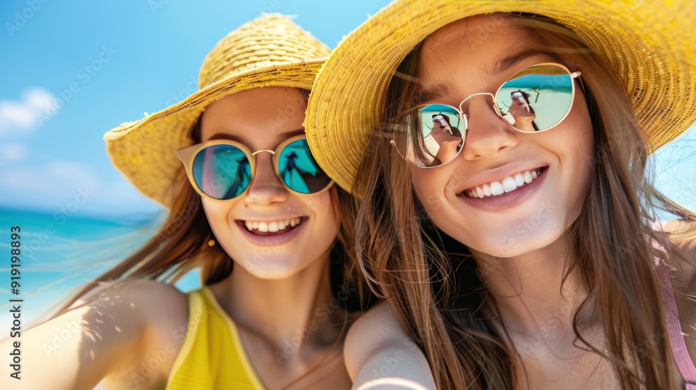 Two Smiling Women Wearing Straw Hats and Sunglasses Two Smiling Women Wearing Straw Hats and Sunglasses