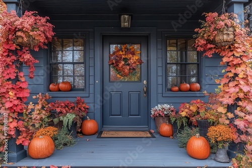 charming autumnthemed front porch vintage door framed by colorful fall foliage array of pumpkins and seasonal decorations creating welcoming ambiance photo