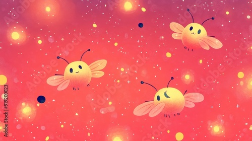 Whimsical Illustration of Cute Fireflies with Glowing Lights in a Starry Night Sky