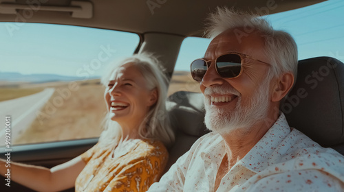 A joyful senior couple during a road trip. They are happily seated in their car, with a picturesque view of the open road and countryside behind them