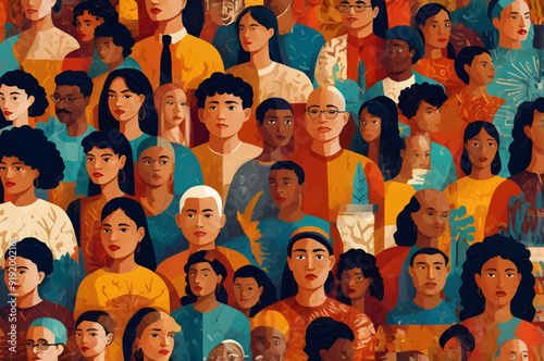 Vibrant abstract art seamless pattern featuring a diverse crowd of people. A multi-ethnic community and culturally rich group depicted in a modern collage painting style