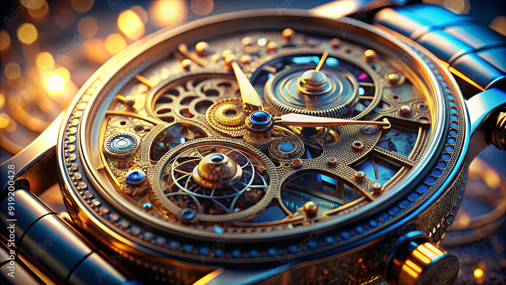 Obraz premium Delicate gears and mechanisms inside a golden watch shine, showcasing intricate craftsmanship and the marvel of engineering in ornate detail