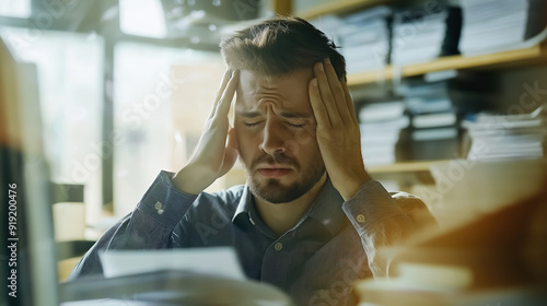 An anxious worker dealing with overwork and exhaustion photo