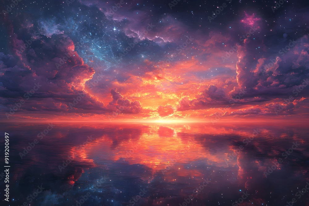 Starry Sunset over Calm Water. Starry Sunset over Calm Water.