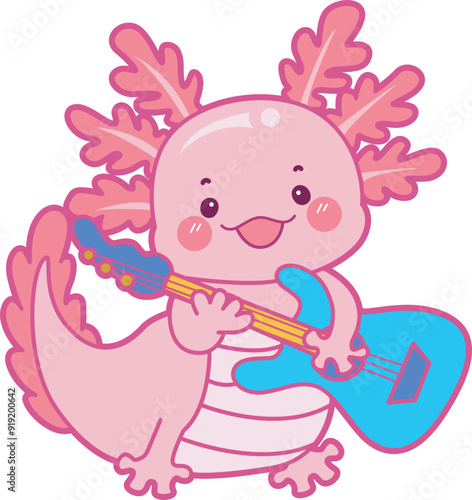 Illustration of cute axolotl activities icon.
Funny pink axolotl in daily routine stickers.