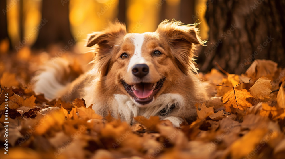 Portrait of a collie dog lying in the autumn leaves in the park Portrait of a collie dog lying in the autumn leaves in the park