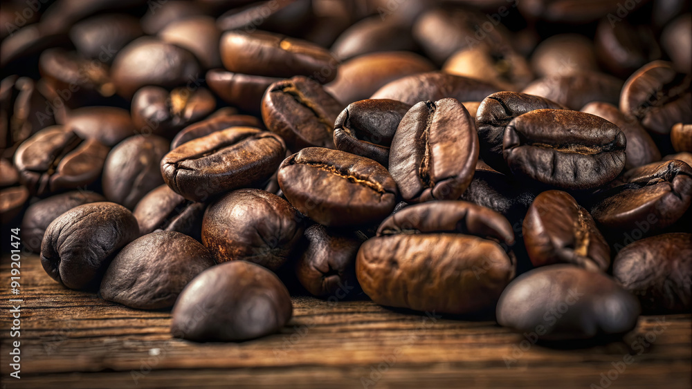 A collection of rich, dark roasted coffee beans rests on an aged wooden surface, showcasing their glossy texture and intricate shapes A collection of rich, dark roasted coffee beans rests on an aged wooden surface, showcasing their glossy texture and intricate shapes