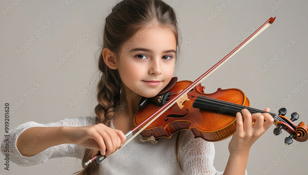 Cute girl playing violin on beige background in studio Cute girl playing violin on beige background in studio