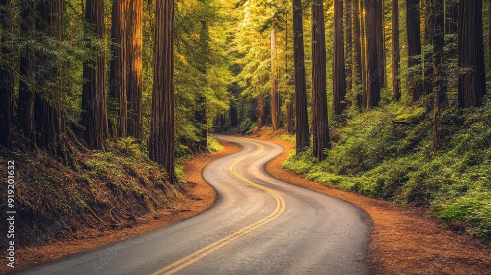 Fototapeta premium A serene road winding through a dense grove of towering redwoods, showcasing the natural beauty and tranquility of Redwood National Forest