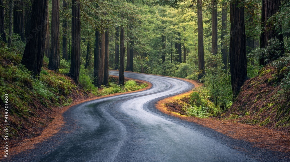 Fototapeta premium A serene road winding through a dense grove of towering redwoods, showcasing the natural beauty and tranquility of Redwood National Forest