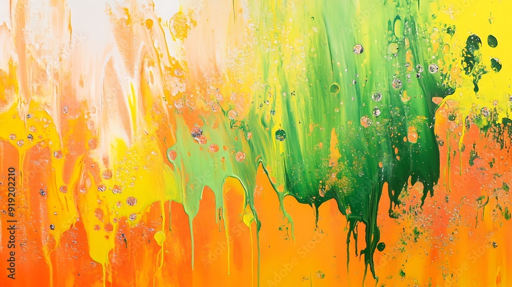 Fototapeta premium Abstract Acrylic Painting in Green, Yellow, and Orange
