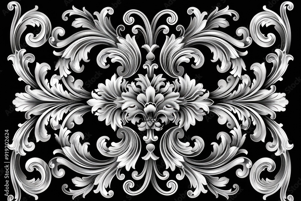 A classic black floral design on a dark background, perfect for use in designs or prints A classic black floral design on a dark background, perfect for use in designs or prints