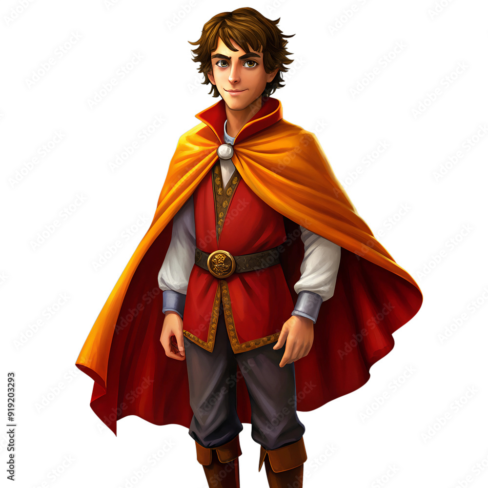 a young man in the ancient clothes of a traveler or knight in a red cloak, on a transparent background