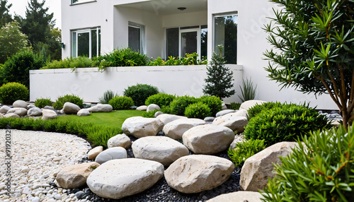 Jardin moderne avec aménagement de pierres