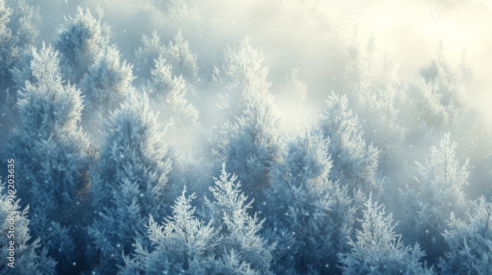 Frosty Pine Trees in a Mist-Shrouded Forest Frosty Pine Trees in a Mist-Shrouded Forest