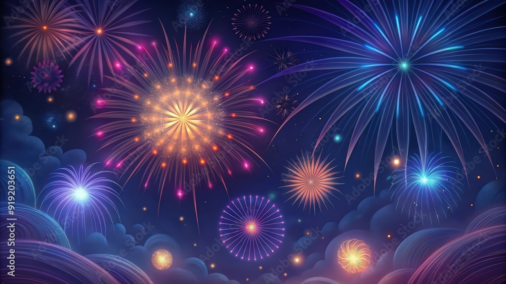 Fototapeta premium Colorful Fireworks Display Over a Night Sky with Clouds