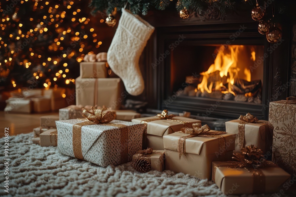 cozy christmas scene with a crackling fireplace stockings hung with care and beautifully wrapped presents warm golden light illuminates the room creating a festive and inviting atmosphere cozy christmas scene with a crackling fireplace stockings hung with care and beautifully wrapped presents warm golden light illuminates the room creating a festive and inviting atmosphere
