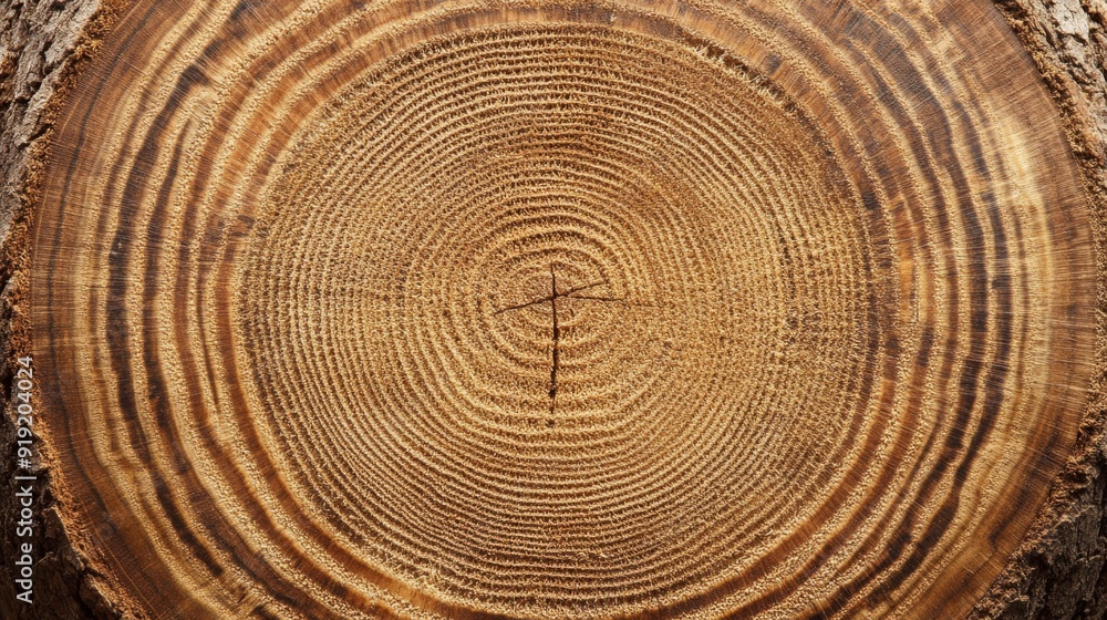 Naklejka premium Cross-section of a tree log featuring concentric rings and detailed wood grain, providing a natural and organic wallpaper texture.