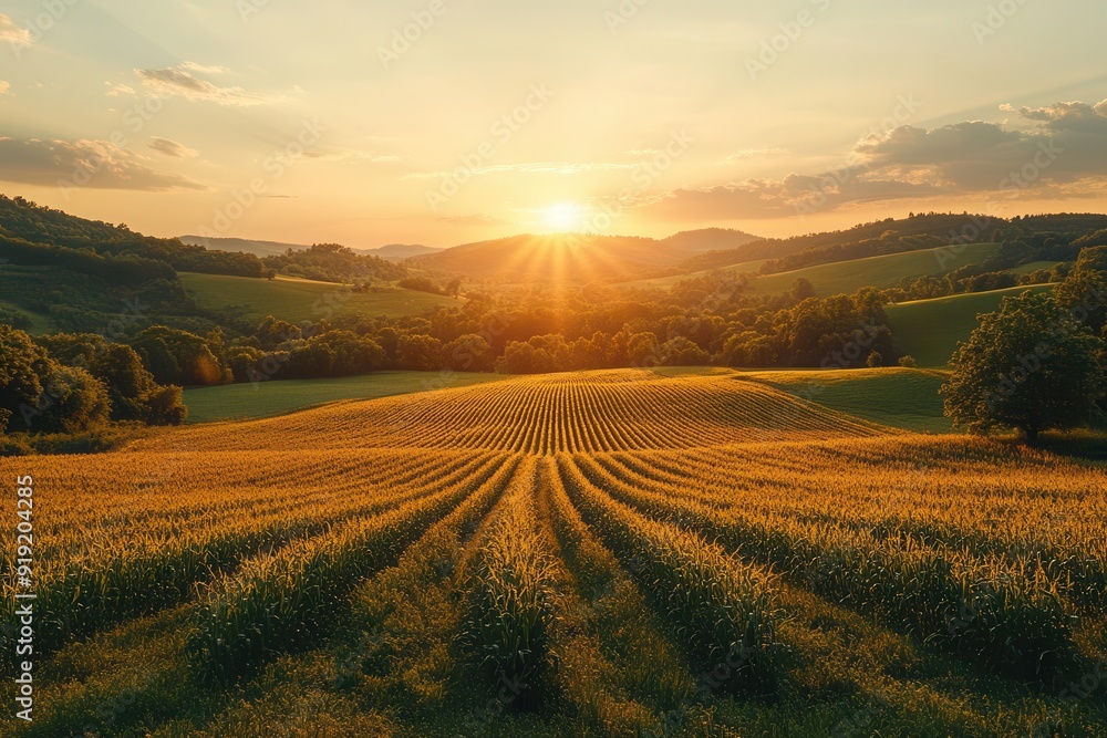 Fototapeta premium golden hour bathes rolling hills in warm light casting long shadows across sundrenched fields aerial view reveals patchwork of crops creating serene pastoral landscape rich saturated colors