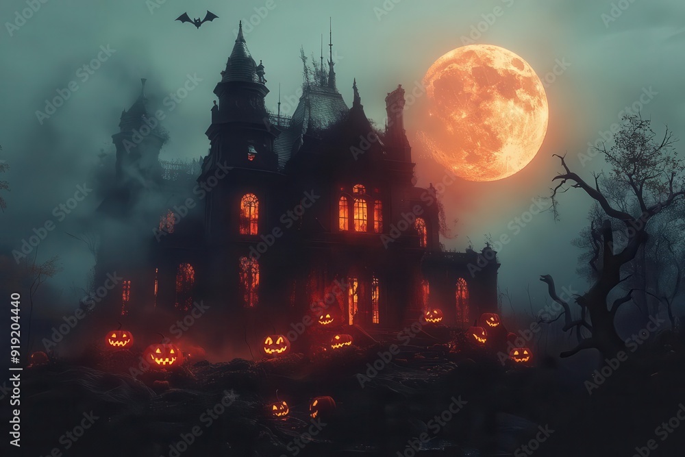 gothic revival mansion shrouded in eerie mist with silhouettes of bats against a full moon jackolanterns and twisted trees create a spinechilling halloween atmosphere gothic revival mansion shrouded in eerie mist with silhouettes of bats against a full moon jackolanterns and twisted trees create a spinechilling halloween atmosphere