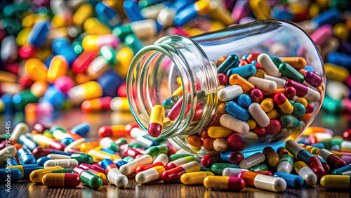 Capsules of various colors and sizes cascade from a glass jar, creating a striking visual on a wooden tabletop